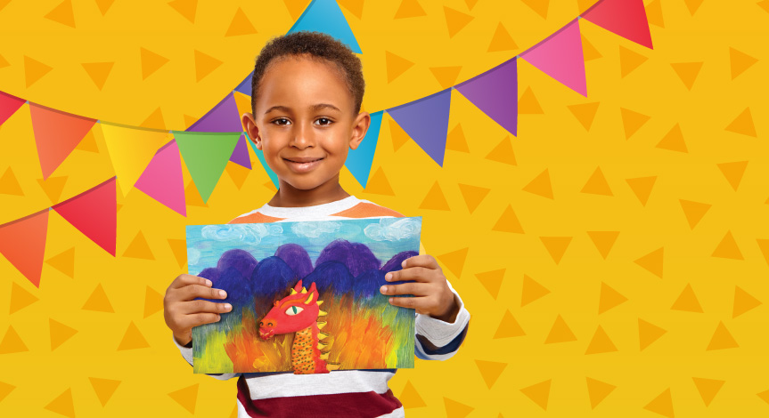 Boy holding a canvas with a painting of a red dragon on it.  There is a yellow background with triangles on the background