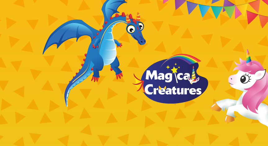 An illustration of a blue dragon and a white and pink unicorn surrounding the Magical Creatures logo