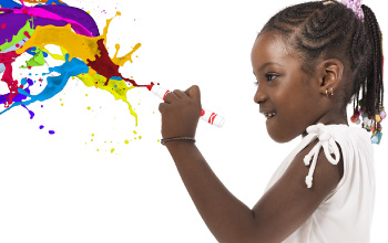 Girl coloring in the air using an orange crayola marker